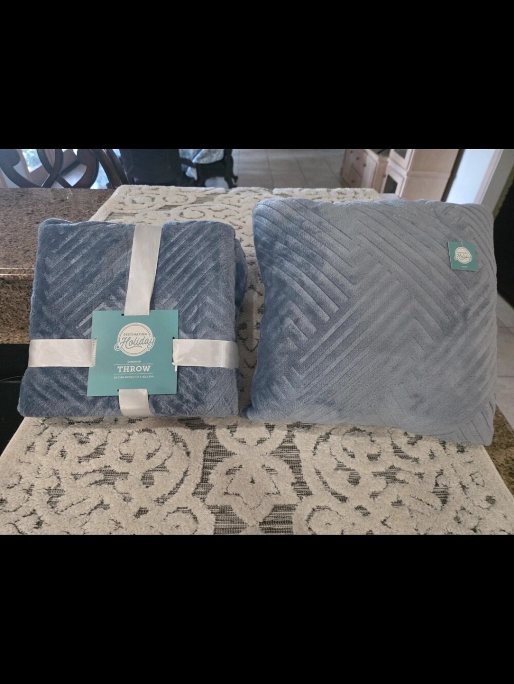 Blue Plush Throw Blanket and Decorative Pillow Set